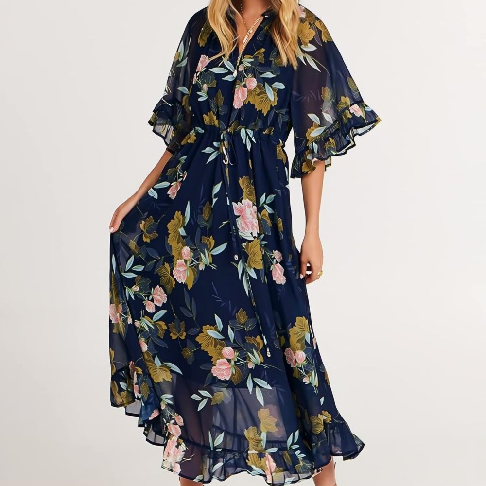 Floral Navy Maxi Dress with Ruffle Sleeves XL NWT